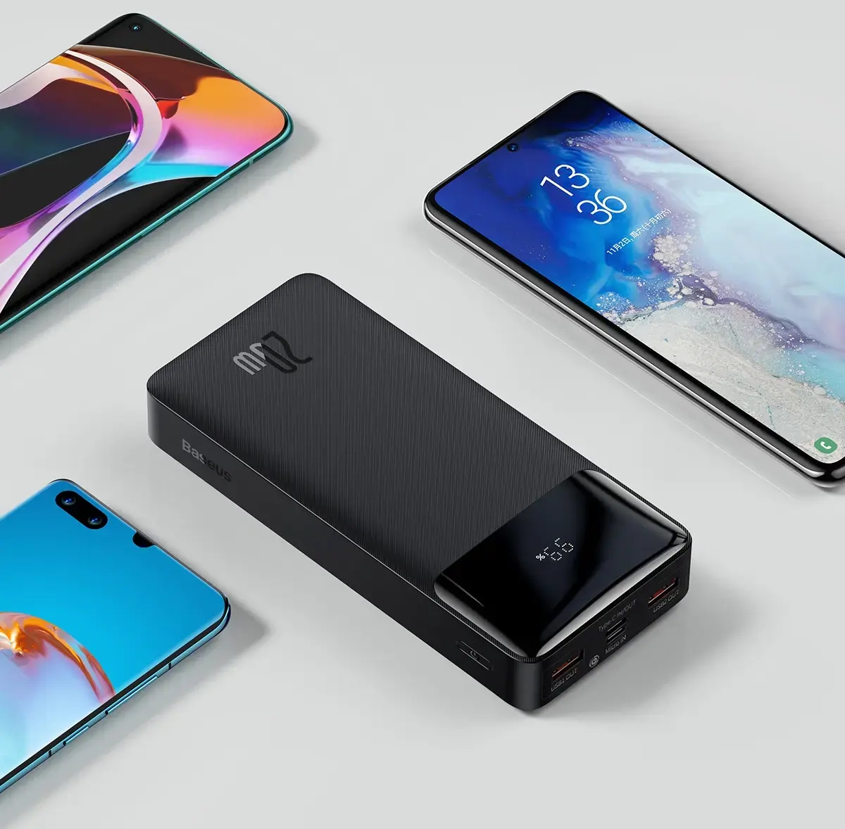 Baseus Bipow PPDML-M01 ārējais akumulators (powerbank) | 20000 mAh | 20W | USB-C, Micro USB, USB-A | LED ekrāns | melns