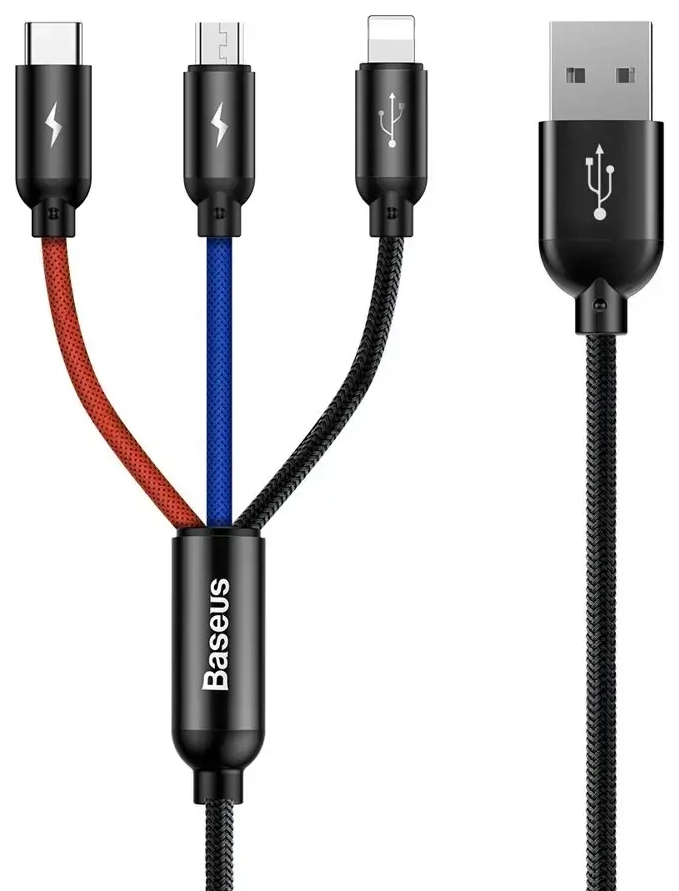Baseus Three Primary Colors 3-in-1 andmeedastus- ja laadimiskaabel | USB-A kuni USB-C, Lightning, Micro USB | 15W | 1.2m | must