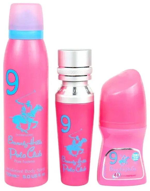 Beverly Hills Polo Club rinkinys: No. 9, parfumuotas vanduo, moterims, 50 ml + No. 9, antiperspirantas, rutulinis dezodorantas, moterims, 50 ml + 1982 - Sport 9, gaiviklis, kūno purškiklis, 150 ml