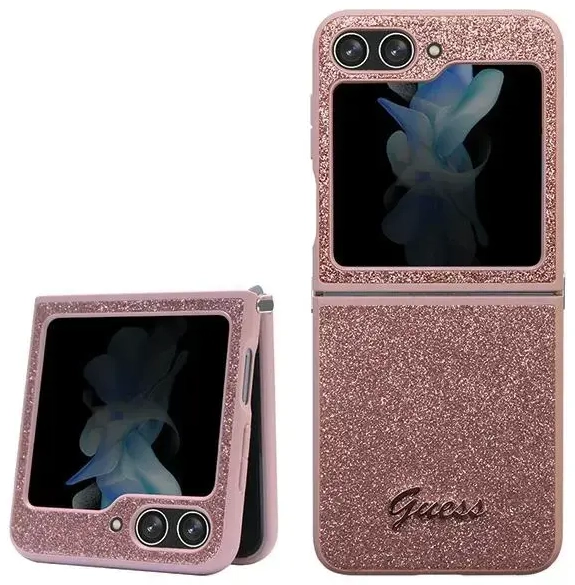 Guess GUHCZF5HGGSHP F731 Samsung Galaxy Z Flip5 cietais maciņš ar mirdzošo rakstu, rozā krāsām