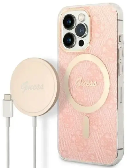 Zestaw Guess GUBPP13XH4EACSP Case+ Charger iPhone 13 Pro Max różowy|pink hard case 4G Print MagSafe