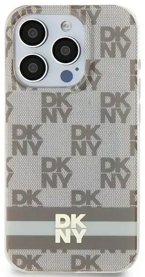 DKNY DKHMP14SHCPTSE iPhone 14 | 15 | 13 6.1" smėlio spalvos kietas dėklas IML Checkered Mono Pattern & Printed Stripes MagSafe