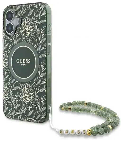 Guess GUHMP16SHCPOFPA iPhone 16 6.1" zielony|green hardcase IML Flowers Allover Electro With Pearl Strap MagSafe