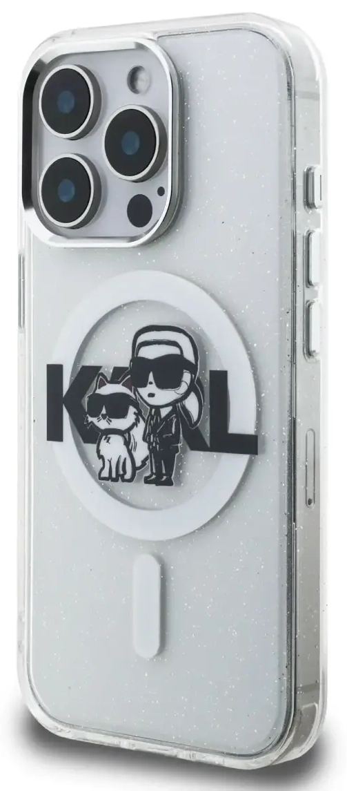Karl Lagerfeld IML Glitter Karl and Choupette Sketch MagSafe Case for iPhone 15 Pro Transparent