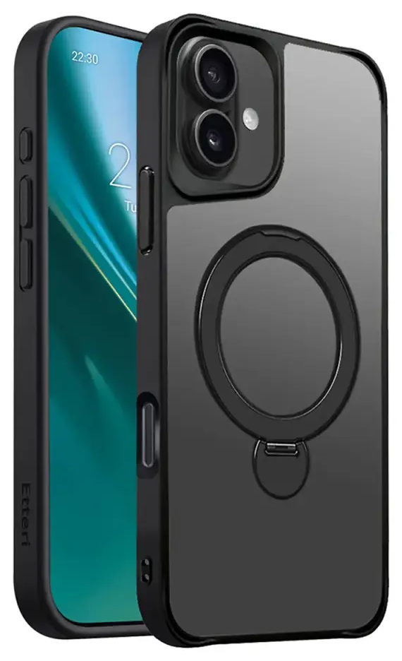 Etteri Matt Mag Ring phone case with stand and MagSafe support for iPhone 16 Plus black
