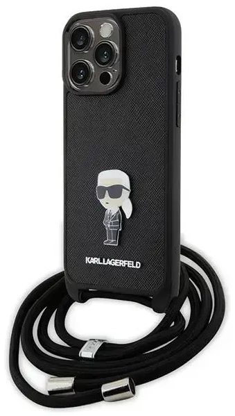 Karl Lagerfeld Crossbody Saffiano Monogram Metal Pin Karl & Choupette Case for iPhone 15 Pro Max - Black