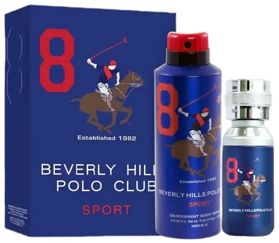 Gift Set Beverly Hills Polo Club: 1982 - Sport 8, Eau De Toilette, For Men, 100 ml + 1982 - Sport 8, Anti-Perspirant, Deodorant Spray, For Men, 175 ml