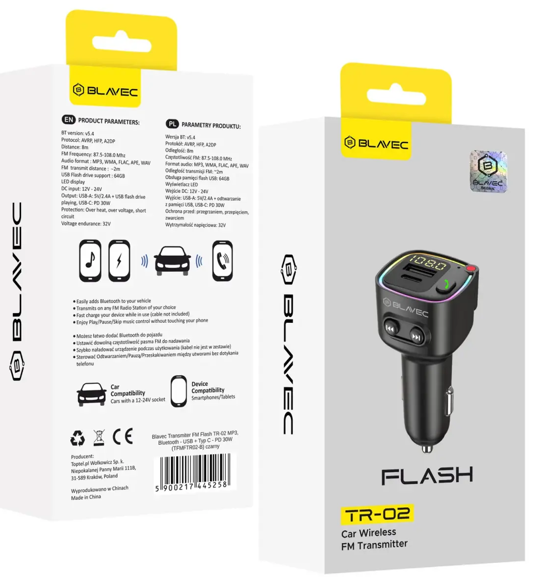 Blavec FM Transmitter Flash TR-02 MP3, Bluetooth - USB + Type C - PD 30W (TFMFTR02-B) black
