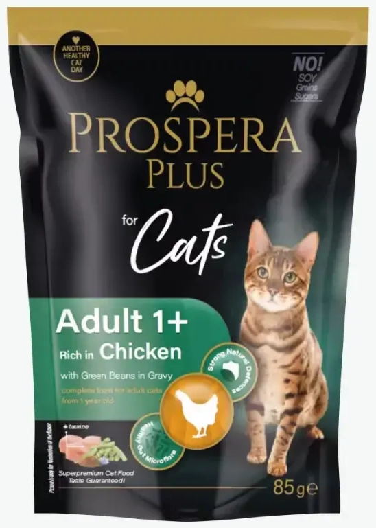 Konservi kaķiem - Prospera Plus, Cat Pouch Adult 1+, Chicken and Beans, 85 g