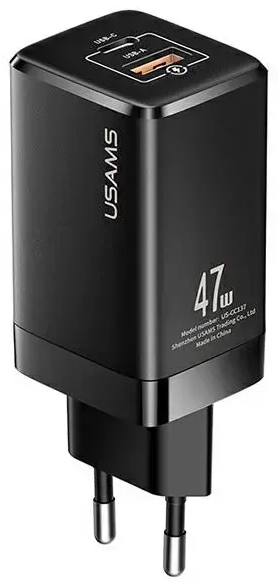 USAMS T41 tīkla lādētājs | 47W | GaN, PD, QC | USB-C, USB-A | melns