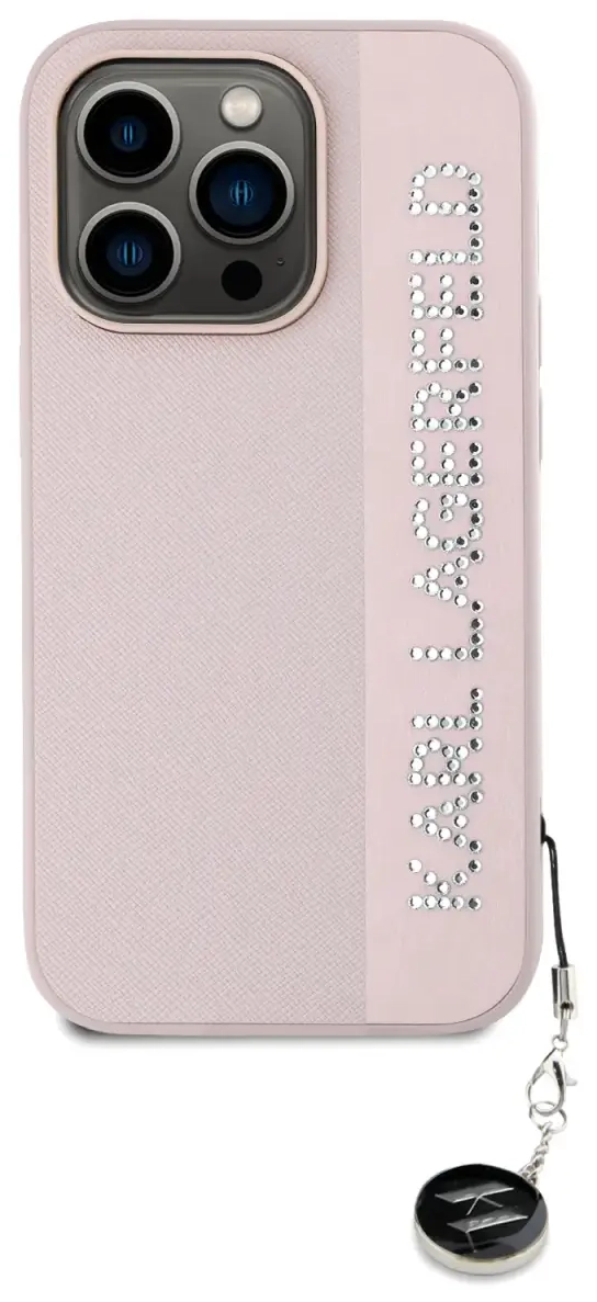 Karl Lagerfeld PU Saffiano Rhinestone Charm Case for iPhone 14 Pro Pink