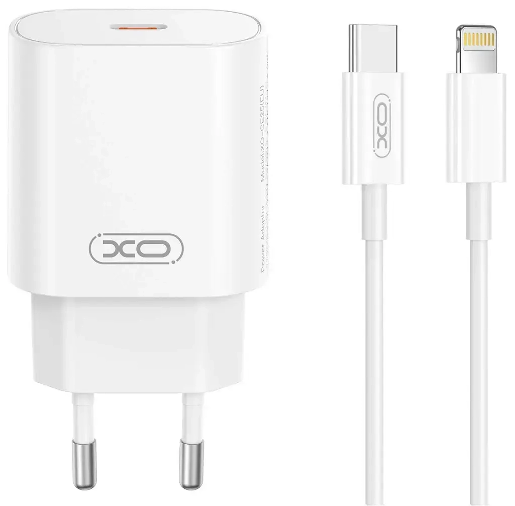 XO CE25 tīkla lādētājs | 25W | PD | USB-C | USB-C uz Lightning vads komplektā | balts