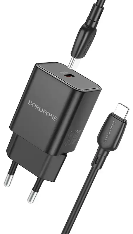 Borofone BN13 reisilaadija | 30W | PD, QC, GaN, PPS | USB-C | USB-C kuni Lightning kaabliga komplektis | must