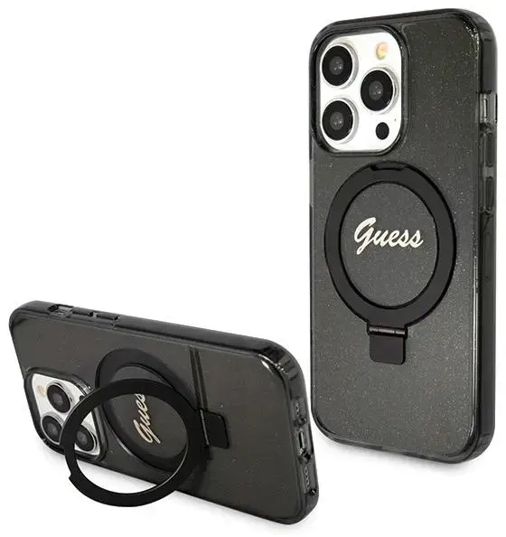 Guess GUHMP14XHRSGSK iPhone 14 Pro Max 6.7" czarny|black hardcase Ring Stand Script Glitter MagSafe