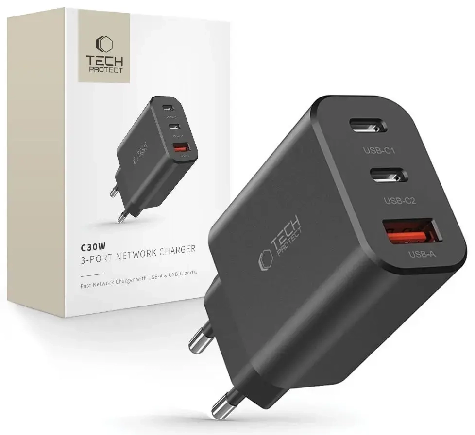 Tech-Protect NC30W travel charger | 30W | PD, QC 3.0 | USB-C, USB-A | black