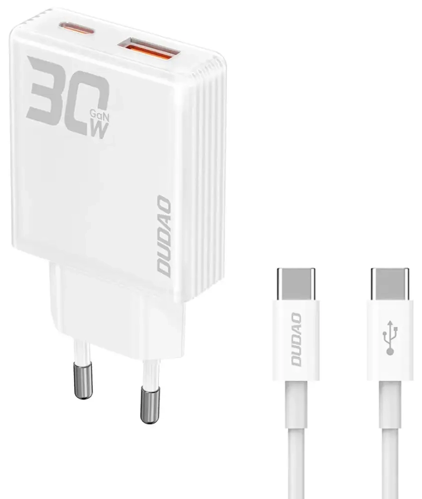 Dudao A30EUT зарядное устройство | 30W | GaN | USB-A, USB-C | с проводом USB-C на USB-C в комплекте | белое