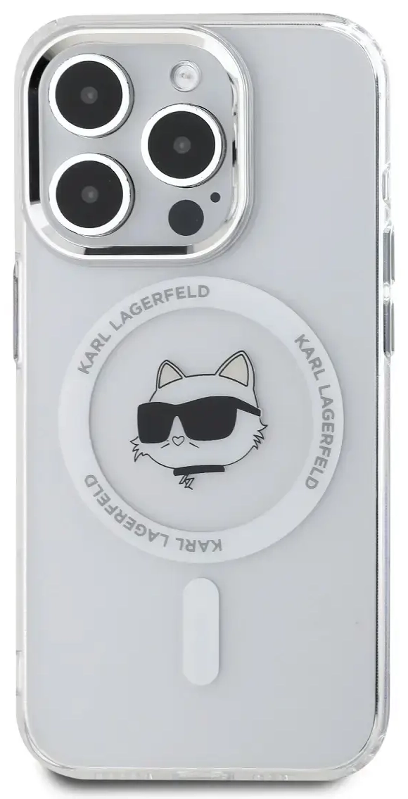 Karl Lagerfeld IML Choupette Head Metal Frame MagSafe Case for iPhone 15 Pro Max Transparent