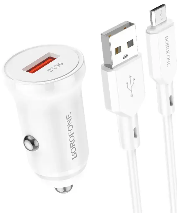 Borofone BZ18 automobilinis įkroviklis | 18W | QC | USB-A | su USB-A į Micro USB laidu komplekte | baltas
