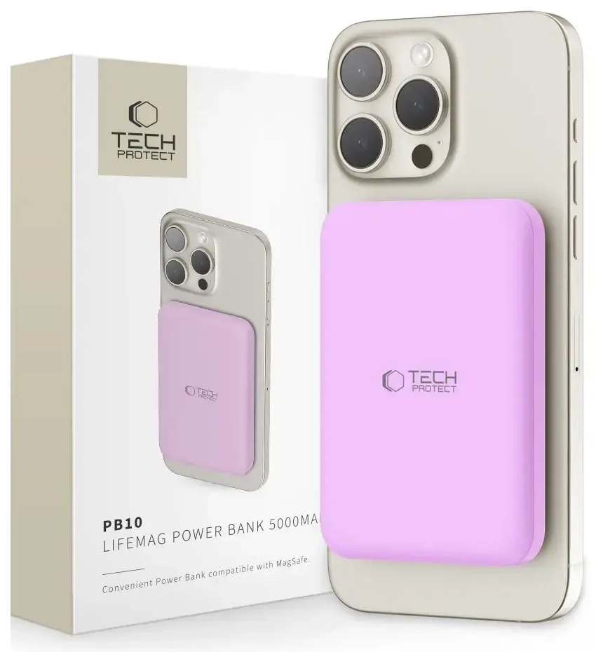Tech-Protect PB10 LifeMag ārējais akumulators (powerbank) | 5000 mAh | 18W | USB-C, MagSafe | ceriņkrāsas