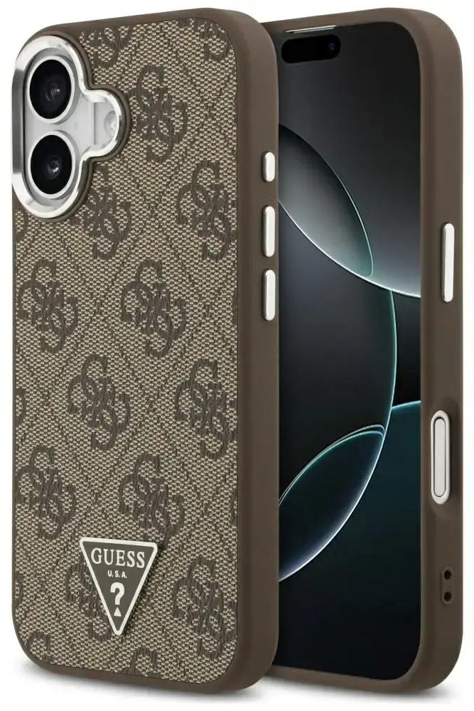 Guess 4G PU Leather Triangle Logo with Silver Metal Camera Frame чехол с поддержкой MagSafe для телефона iPhone 17 коричневый