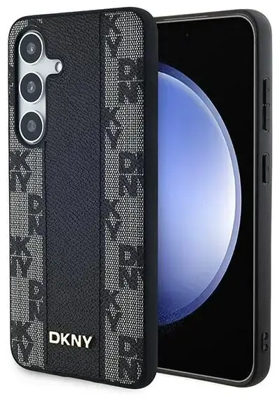 DKNY DKHMS24MPCPVSLK S24+ S926 juodas kietas dėklas, odinis, languotas mono raštas, MagSafe