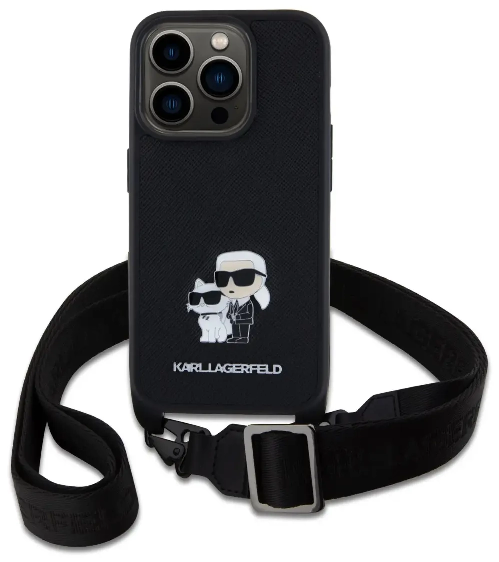 Karl Lagerfeld Saffiano Crossbody Metal Karl and Choupette Case for iPhone 15 Pro Black