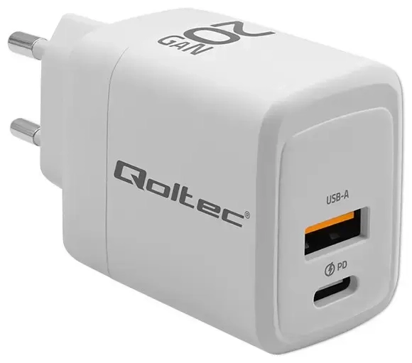 Qoltec Charger kelioninis įkroviklis | 20W | GaN, PD | USB-C, USB-A