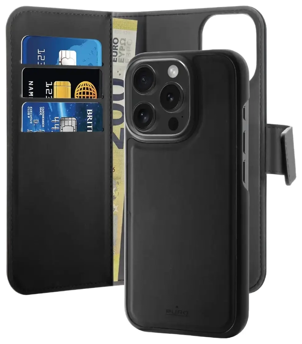Puro Wallet Detachable MagSafe 2in1 PU Leather Case with Flap and Wallet for iPhone 16 Pro Max - Black