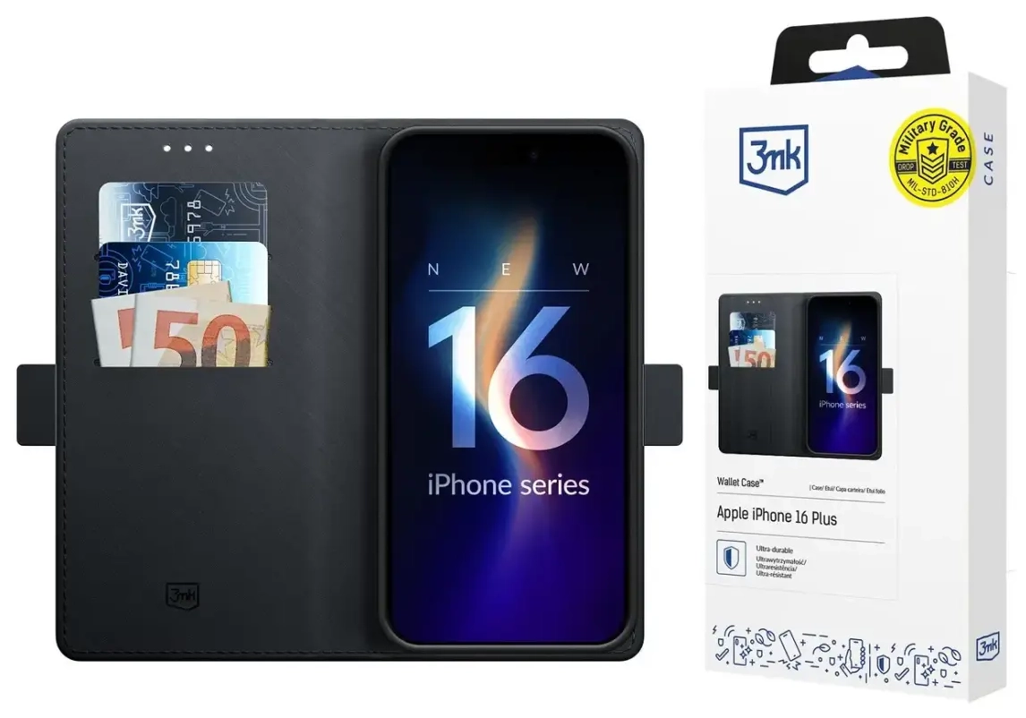 3mk Wallet Case for iPhone 16 Plus - Black