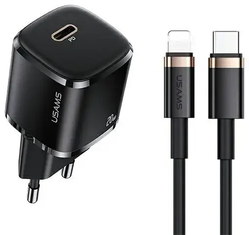 USAMS T36 tīkla lādētājs | 20W | USB-C, Lightning | Lightning vads komplektā | melns