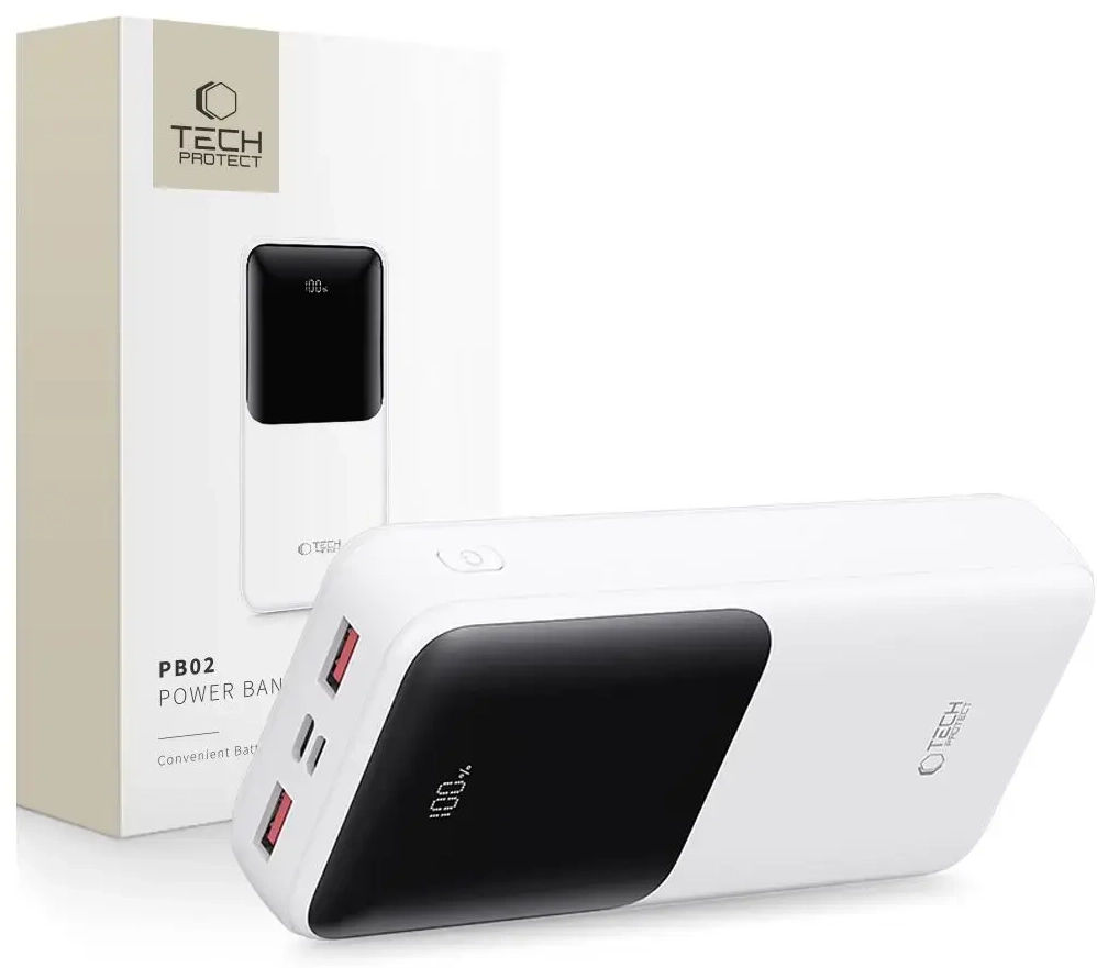 Tech-Protect PB02 ārējais akumulators (powerbank) | 20000 mAh | 22.5W | USB-A, USB-C, Micro USB | LED ekrāns | balts