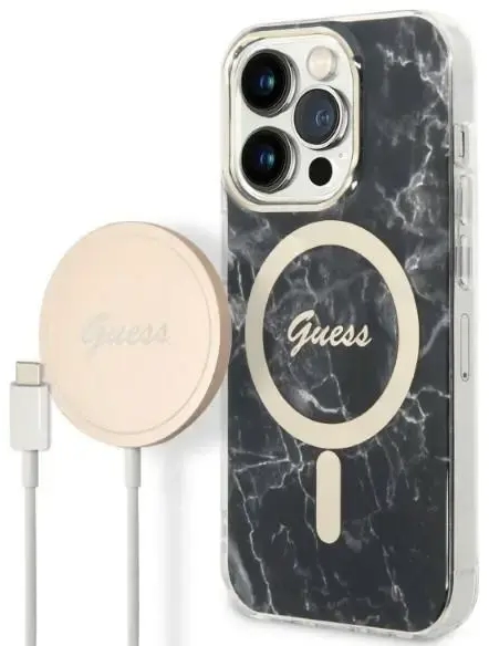 Zestaw Guess GUBPP14LHMEACSK Case+ Charger iPhone 14 Pro 6,1" czarny|black hard case Marble MagSafe