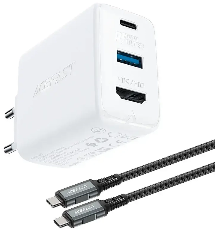 Acefast A17 tīkla lādētājs | 65W | GaN | USB-C, USB-A | USB-C uz USB-C vads komplektā | balts