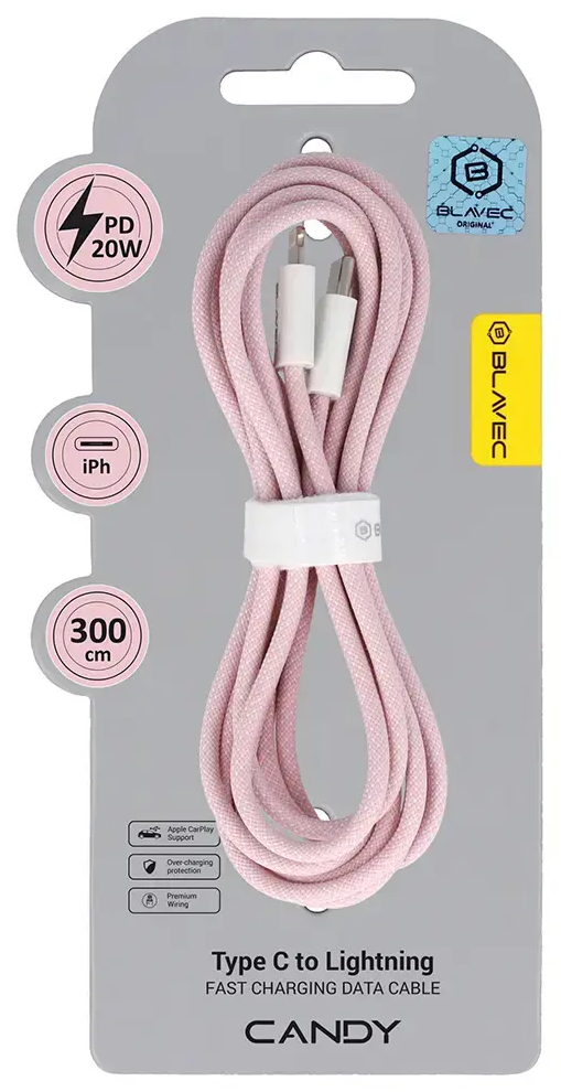 Blavec CCA-CL24P30 andmeedastus- ja laadimiskaabel | USB-C kuni Lightning | PD | 20W | 3m | roosa