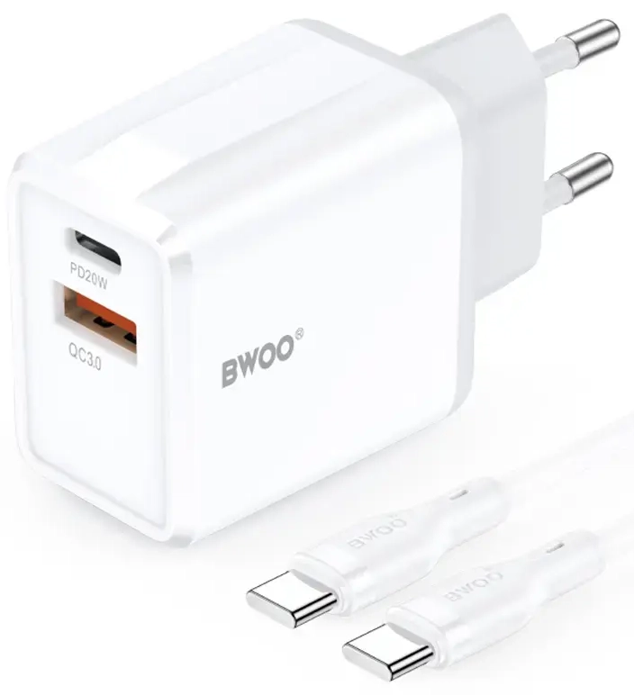 BWOO CDA182 tīkla lādētājs | 20W | PD, QC | USB-A, USB-C | ar USB-C uz USB-C vadu komplektā | melns