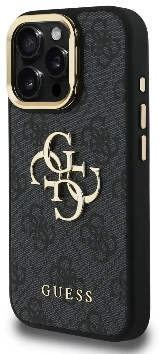 Guess PU 4G Metal Logo Stand Camera Frame phone case for iPhone 15 Pro Max Black