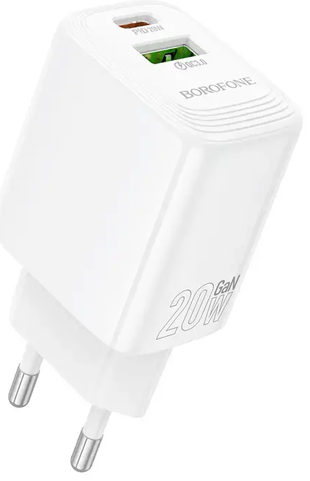 Borofone BN27 Fuente kelioninis įkroviklis | 20W | PD, QC, PPS | USB-C, USB-A | baltas