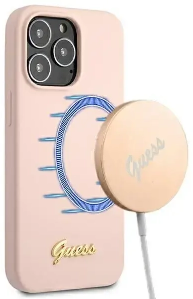Guess GUHMP13XLSLMGLP iPhone 13 Pro Max 6,7" jasnoróżowy|light pink hardcase Silicone Script Gold Logo Magsafe