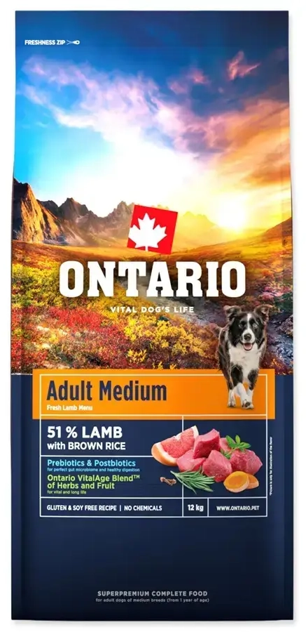 Kuivtoit koertele - Ontario Adult Medium Lamb and Brown Rice, 12 kg