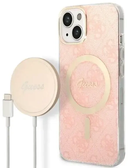 Zestaw Guess GUBPP14MH4EACSP Case+ Charger iPhone 14 Plus | 15 Plus 6.7" różowy|pink hard case 4G Print MagSafe