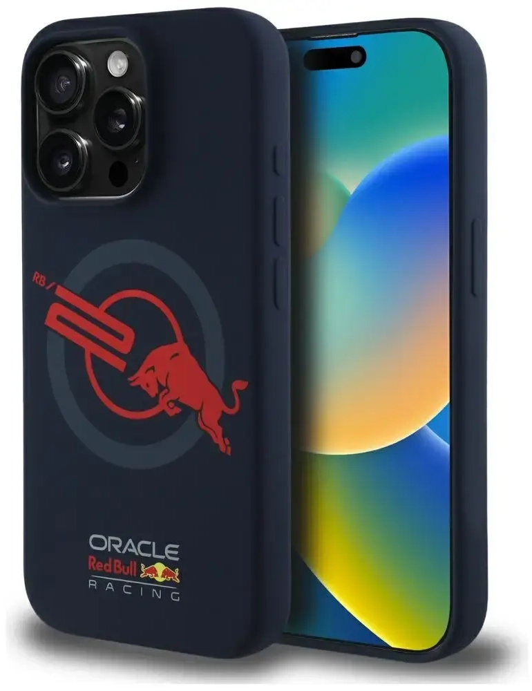 Red Bull HC Silicone ORBR20 Logo Red Lining maciņš ar MagSafe atbalstu telefonam iPhone 15 Pro tumši zils