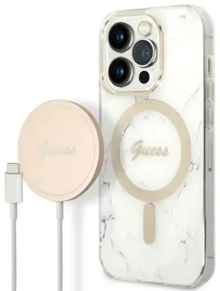 Zestaw Guess GUBPP14LHMEACSH Case+ Charger iPhone 14 Pro 6,1" biały|white hard case Marble MagSafe
