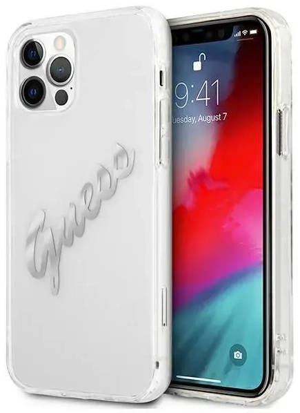 Guess GUHCP12MKTRSVSI iPhone 12|12 Pro 6.1" Transparent hardcase Vintage Script Silver