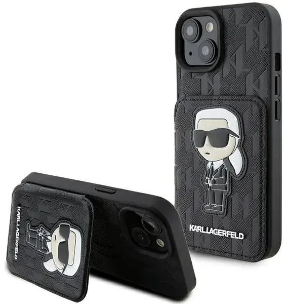 Karl Lagerfeld KLHCP15SSAKKNSCK iPhone 15 6.1" czarny|black hardcase Saffiano Cardslots and Stand Monogram Ikonik Patch