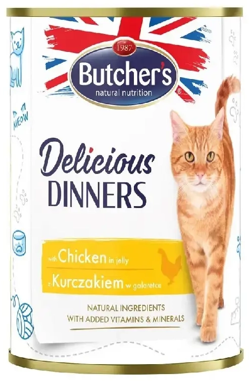 Konservēta barība kaķiem - Butchers CAT Delicious Dinners with chicken chunks in Jelly 400g