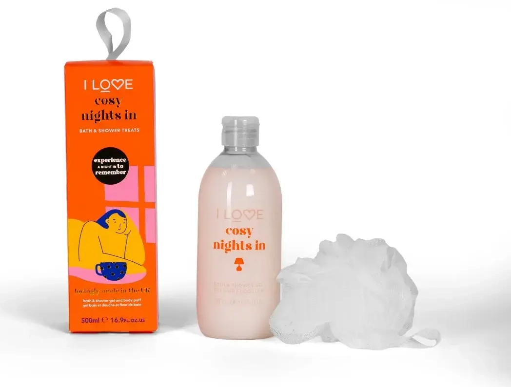 Komplekt I Love: Cosy Night's, Niisutav, Dušigeel, Kõikidele nahatüüpidele, 500 ml + I Love, Kehakäsn