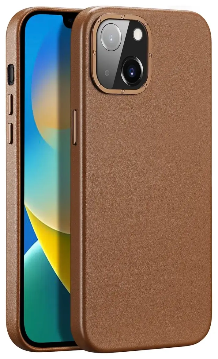 Dux Ducis Grit Leather Case for iPhone 14 Plus Elegant Faux Leather Cover (MagSafe Compatible) Brown