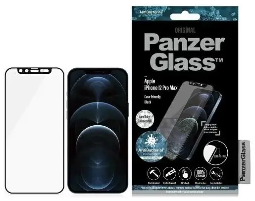 PanzerGlass E2E Microfracture Antibacterial Glass with Camera Cover with Swarovsky Crystal for iPhone 12 Pro Max - with Black Frame