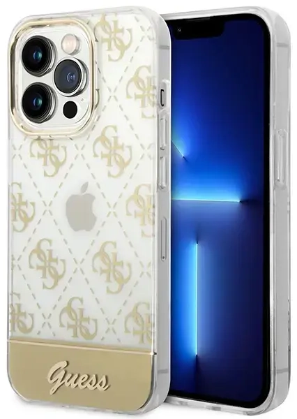 Guess PC|TPU Peony Glitter Script Logo dėklas iPhone 14 Pro auksinis