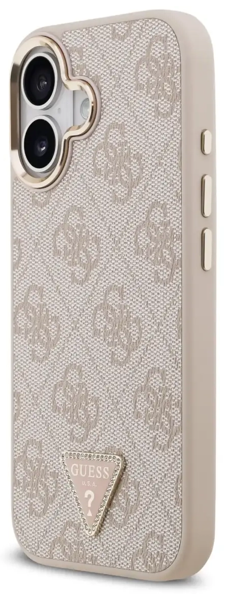 Guess PU Leather 4G Strass Triangle Logo Gold Frame MagSafe Case for iPhone 17 Pink